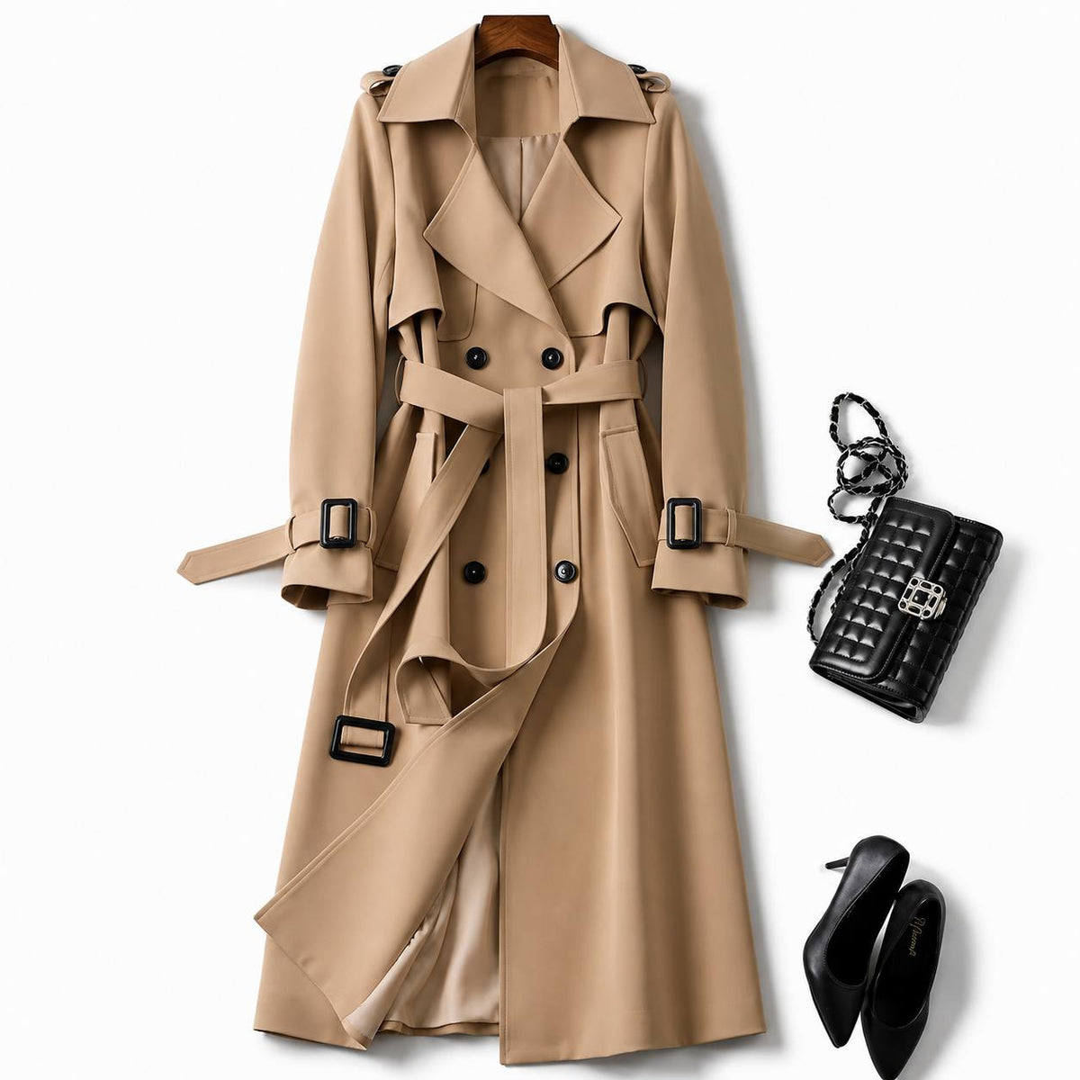 Women’s Belted Trench Coat With Adjustable Cuffs & Pockets