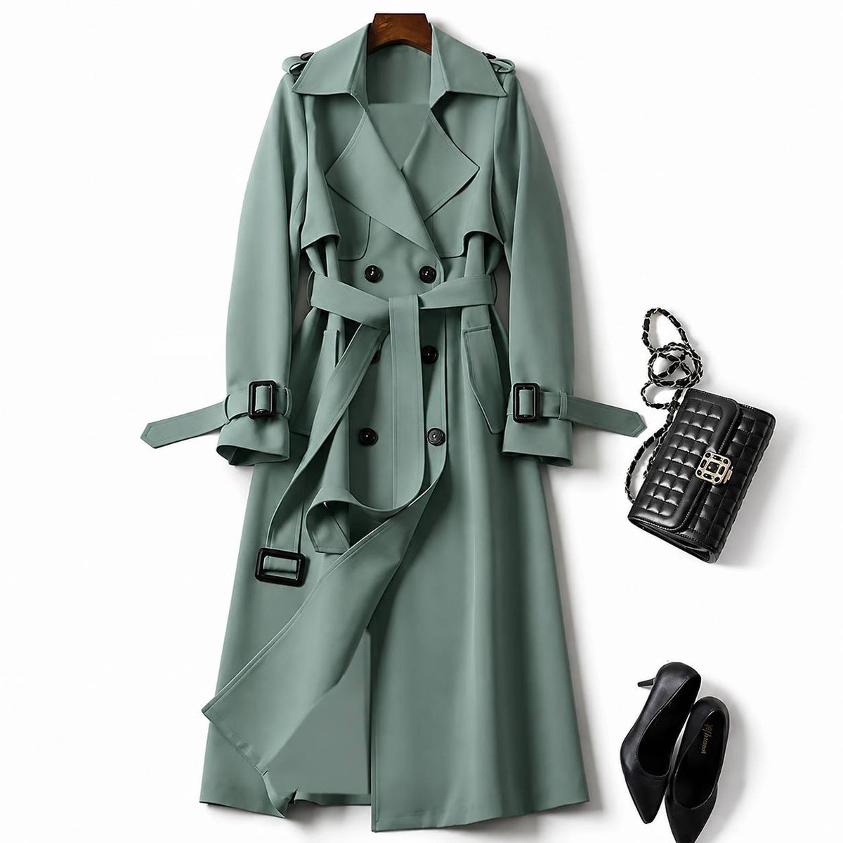 Women’s Belted Trench Coat With Adjustable Cuffs & Pockets