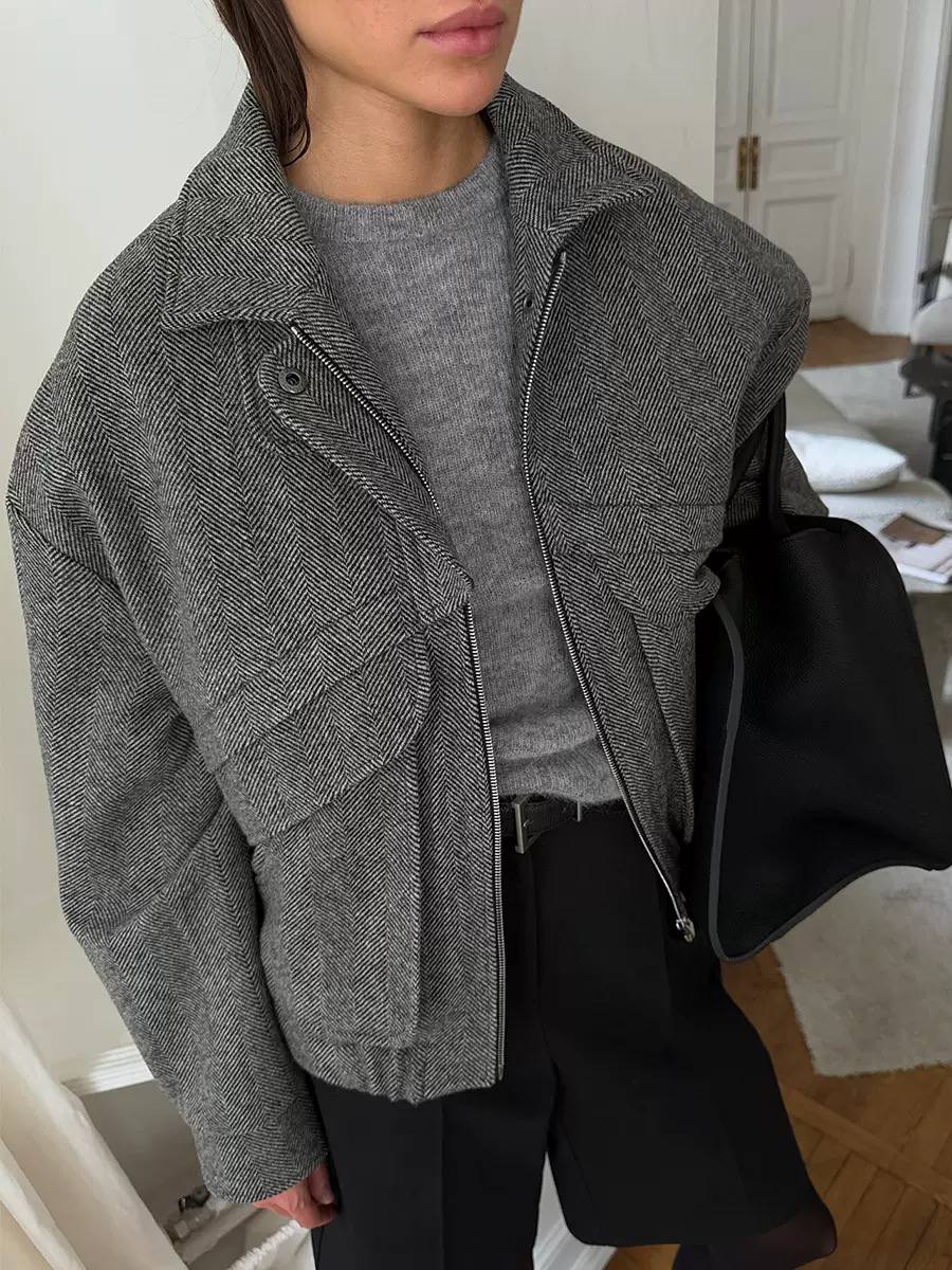Herringbone Utility Jacket Oversized Fit, Zip Front, Long Sleeves & Multi-Pocket Detail