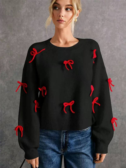 Bow Detail Knit Sweater Crew Neck, Long Sleeves & Ribbon Appliqué Detail