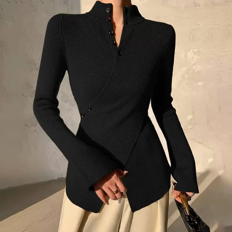 Ribbed Knit Blouse High Neck, Long Sleeves, Wrap Front & Button Detail