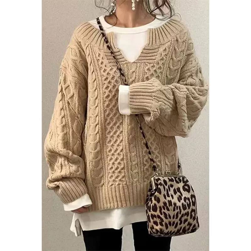 Cable Knit Sweater V-Neck, Long Sleeves, Chunky Braided Knit & Relaxed Fit