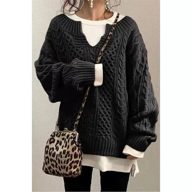 Cable Knit Sweater V-Neck, Long Sleeves, Chunky Braided Knit & Relaxed Fit