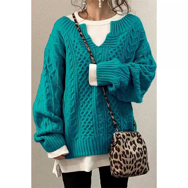 Cable Knit Sweater V-Neck, Long Sleeves, Chunky Braided Knit & Relaxed Fit