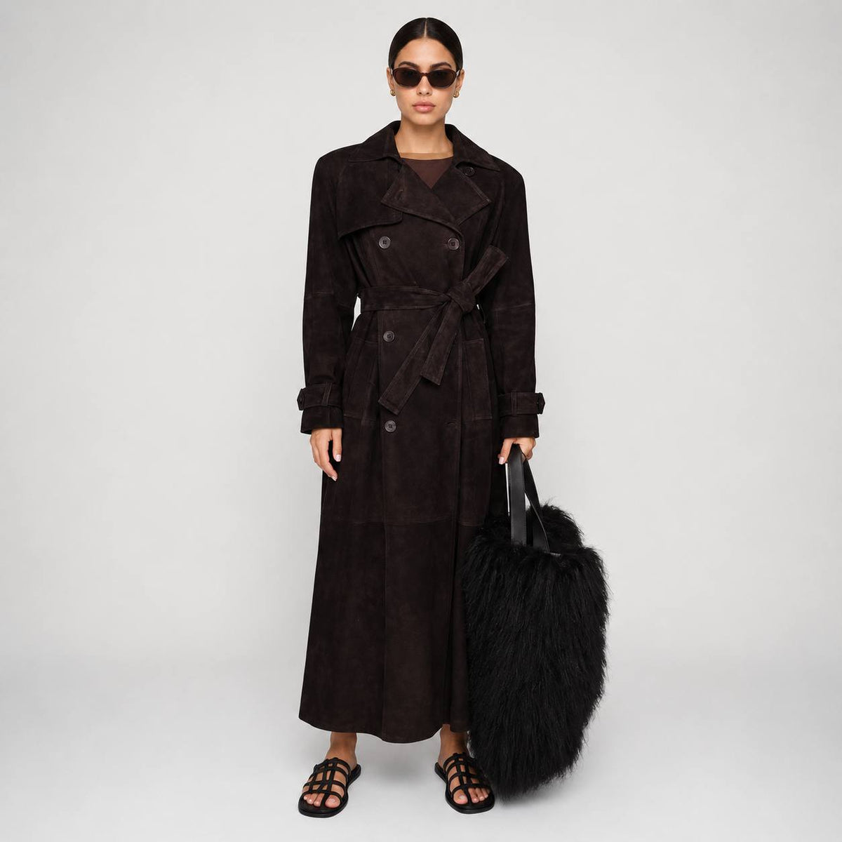 Suede Trench Coat  Double-Breasted, Belted Waist, Longline Fit & Wide Lapel Collar