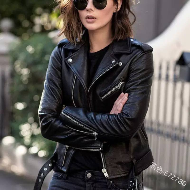 Leather Biker Jacket Zip Front, Notched Lapel Collar & Multiple Zipper Pockets