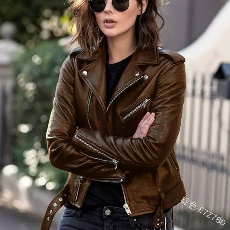 Leather Biker Jacket Zip Front, Notched Lapel Collar & Multiple Zipper Pockets
