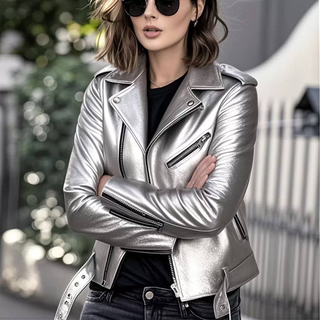 Leather Biker Jacket Zip Front, Notched Lapel Collar & Multiple Zipper Pockets