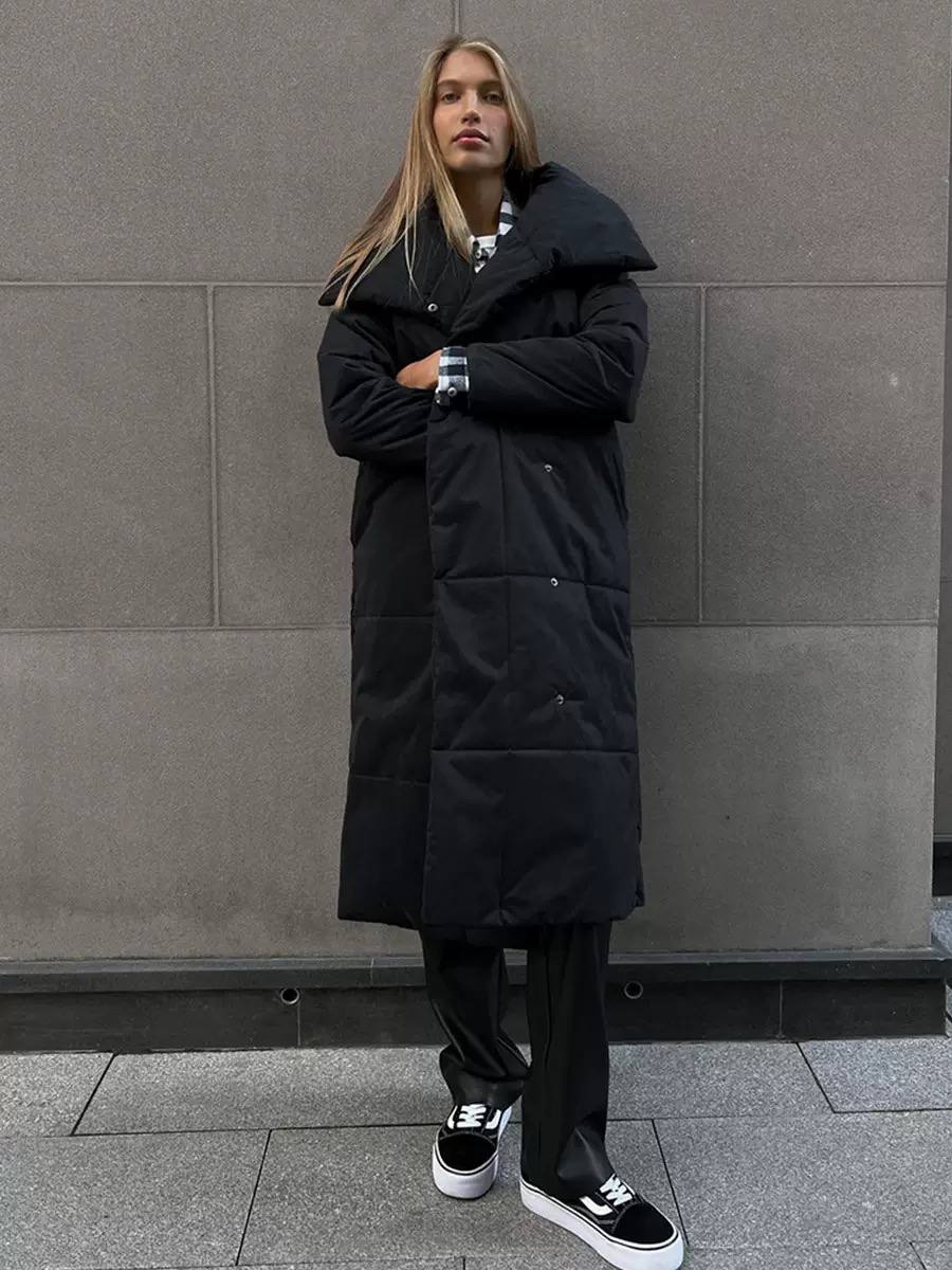 Longline Puffer Coat Oversized Hooded Collar, Quilted Design, Snap Button Front & Relaxed Fit
