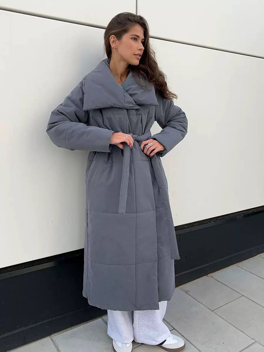 Longline Puffer Coat Oversized Hooded Collar, Quilted Design, Snap Button Front & Relaxed Fit
