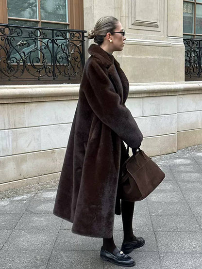 Fur Coat Longline Plush Design, Oversized Collar, Button Front & Relaxed Fit