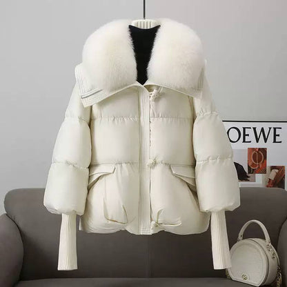Puffer Jacket Quilted Design, Oversized Faux Fur Collar, Cinched Waist & Ribbed Cuffs