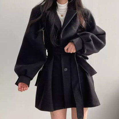 Belted Coat Double-Breasted Front, Wide Lapel Collar, Long Sleeves & Flared Short Fit