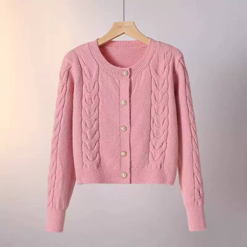 Cable Knit Cardigan Round Neck, Button Front, Braided Knit Detail & Cropped Fit