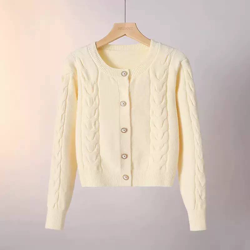 Cable Knit Cardigan Round Neck, Button Front, Braided Knit Detail & Cropped Fit