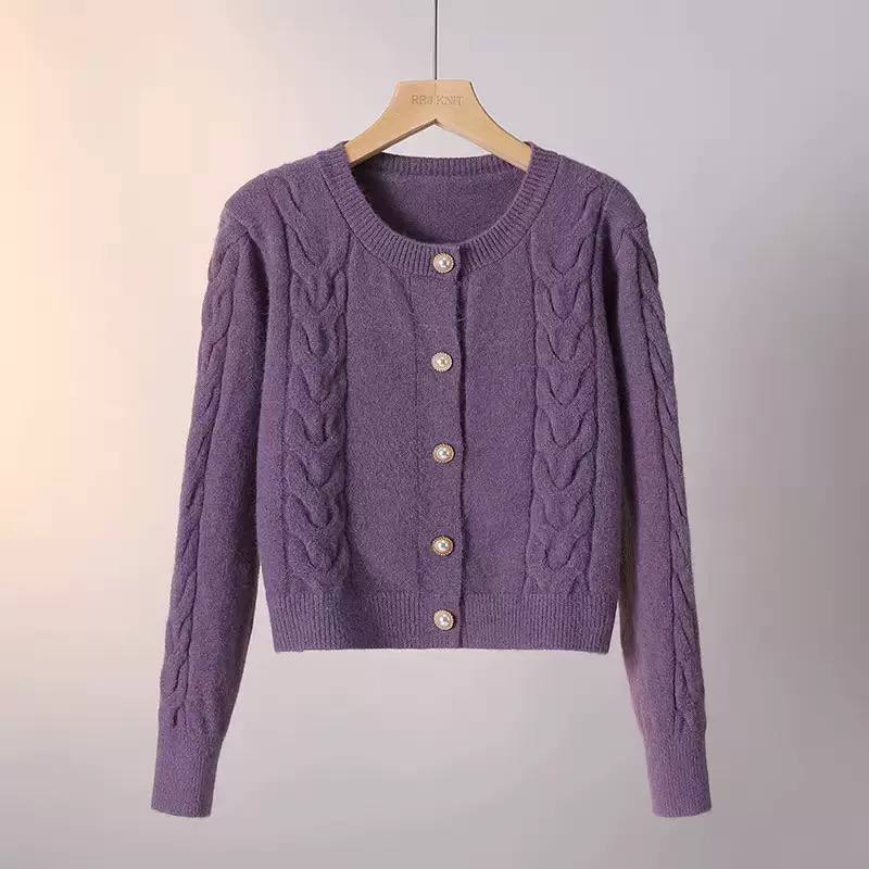 Cable Knit Cardigan Round Neck, Button Front, Braided Knit Detail & Cropped Fit