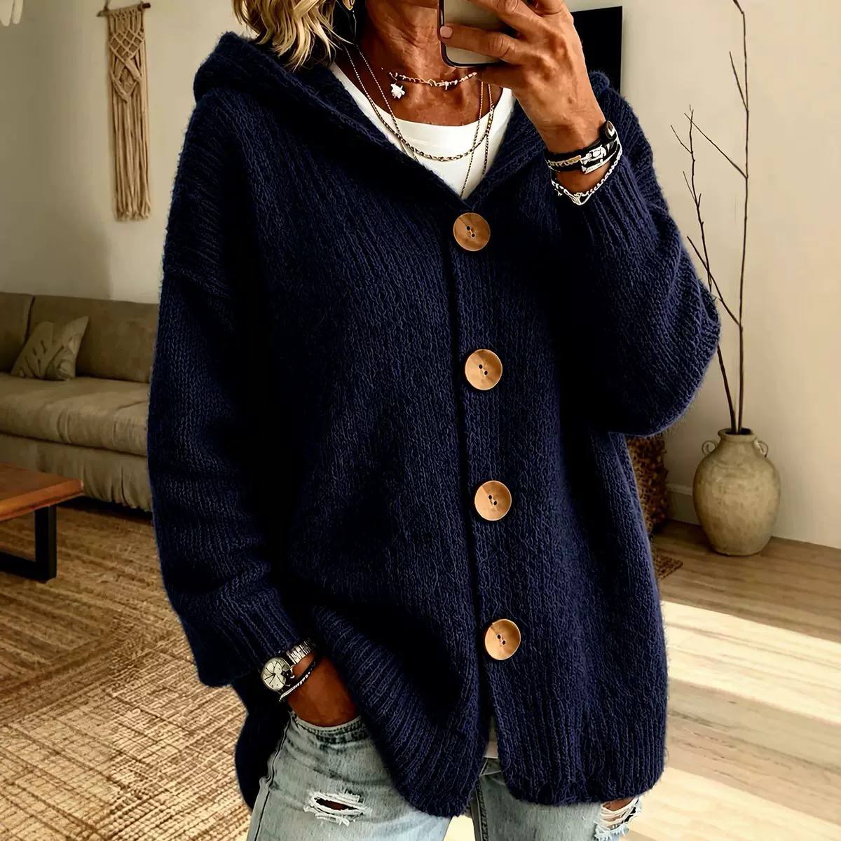 Oversized Hooded Knit Cardigan Chunky Button Front, Long Sleeve & Relaxed Fit