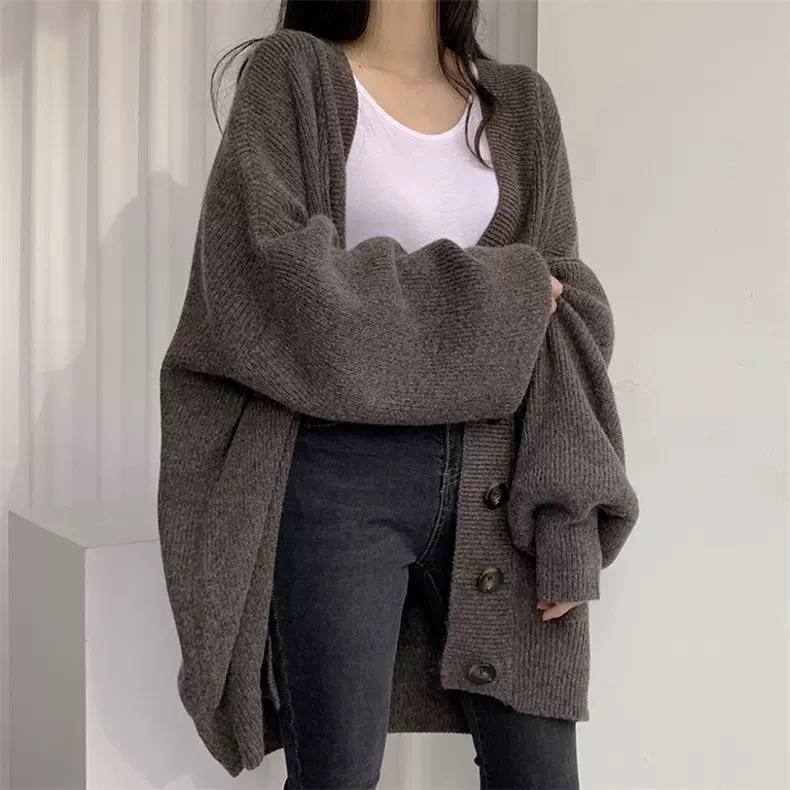 Oversized V-Neck Knit Cardigan Long Sleeve, Button Front & Relaxed Fit
