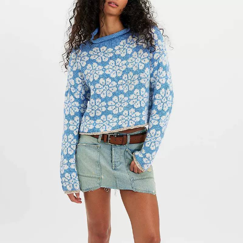 Floral Knit Sweater – Long Sleeve, Crew Neck & Relaxed Fit