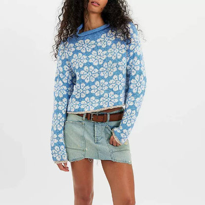 Floral Knit Sweater – Long Sleeve, Crew Neck & Relaxed Fit