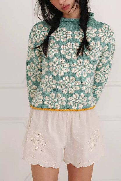 Floral Knit Sweater – Long Sleeve, Crew Neck & Relaxed Fit