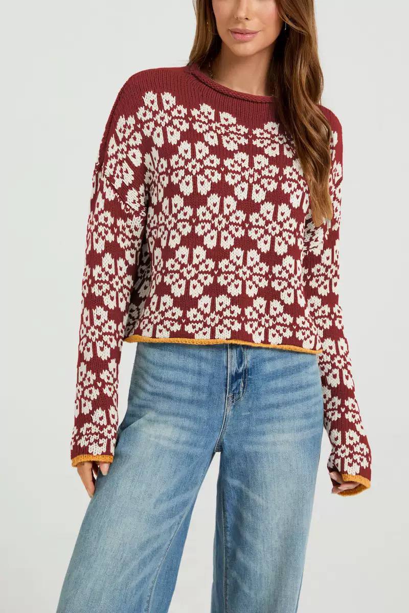 Floral Knit Sweater – Long Sleeve, Crew Neck & Relaxed Fit