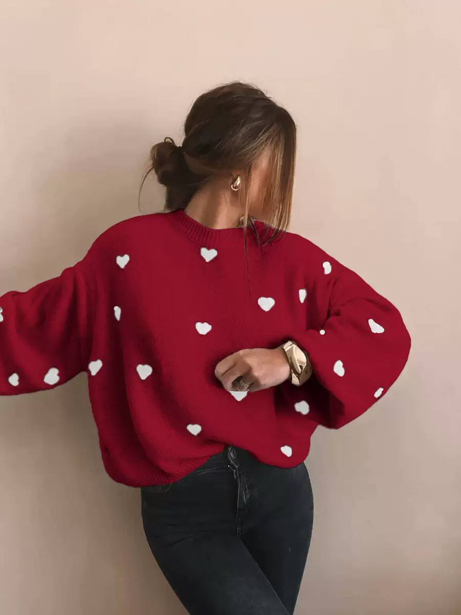 Heart Knit Sweater – Long Sleeve Crew Neck Jumper with Relaxed Fit