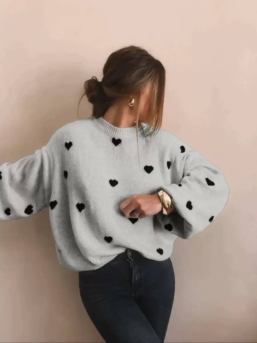 Heart Knit Sweater – Long Sleeve Crew Neck Jumper with Relaxed Fit