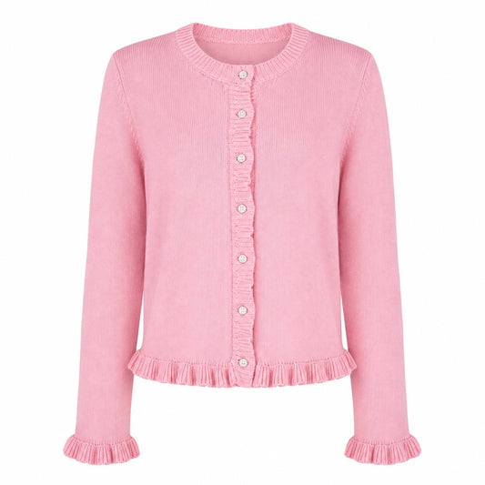 Pink Knit Cardigan – Long Sleeve Button Front Ruffle Trim Cardigan