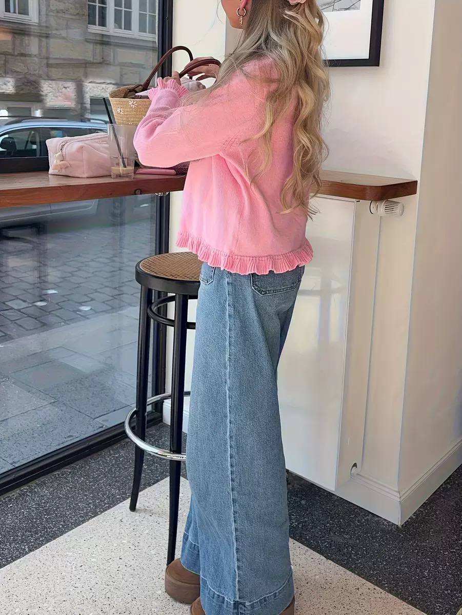 Pink Knit Cardigan – Long Sleeve Button Front Ruffle Trim Cardigan