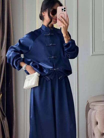 Long Sleeve Mandarin Collar Jacket and High-Waisted Pants Set