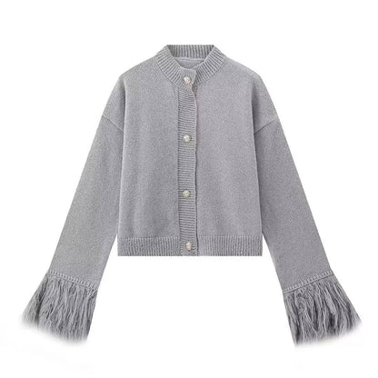 Button Front Knit Cardigan Feather-Trim Cuffs