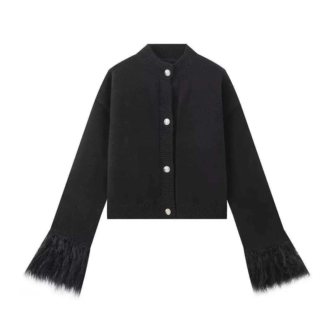 Button Front Knit Cardigan Feather-Trim Cuffs