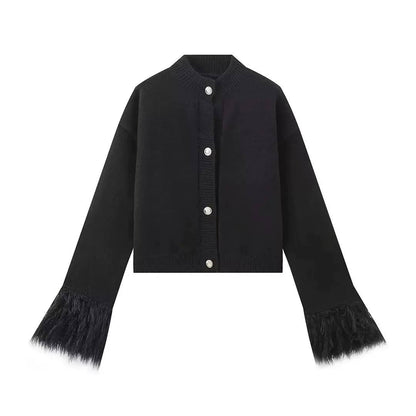 Button Front Knit Cardigan Feather-Trim Cuffs