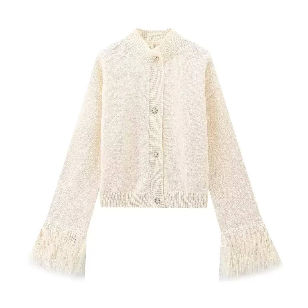 Button Front Knit Cardigan Feather-Trim Cuffs