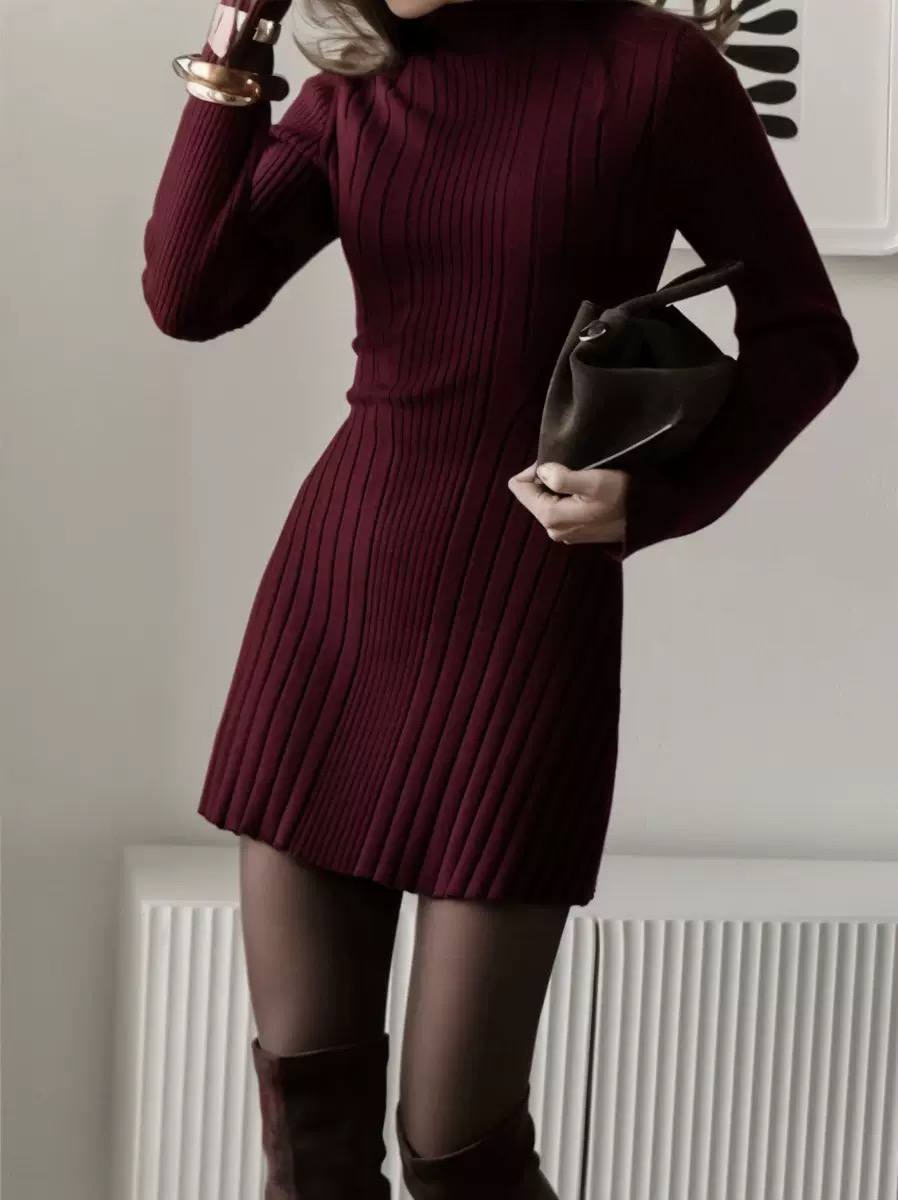Ribbed Knit Sweater Dress – Long Sleeve Mock Neck Fitted Mini Dress