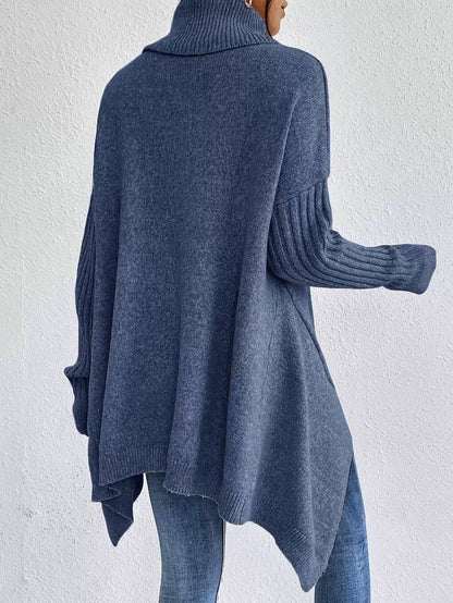 Oversized Turtleneck Knit Sweater Asymmetric Hem & Relaxed Fit