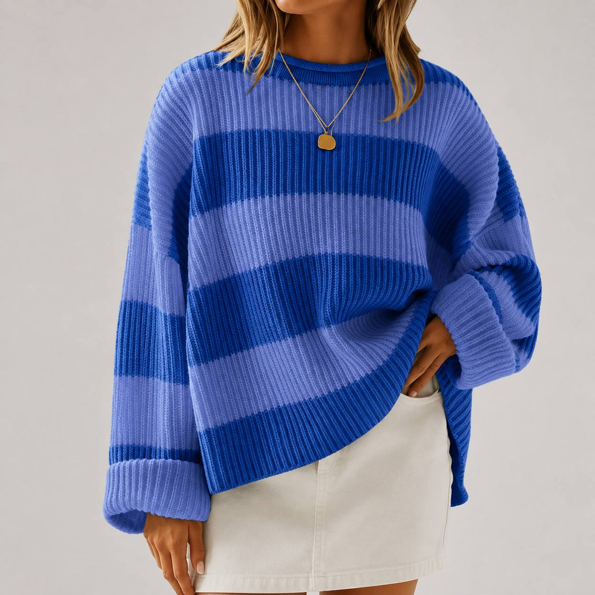 Striped Knit Sweater –  Crew Neck Relaxed Fit Jumper with Colour Block Pattern