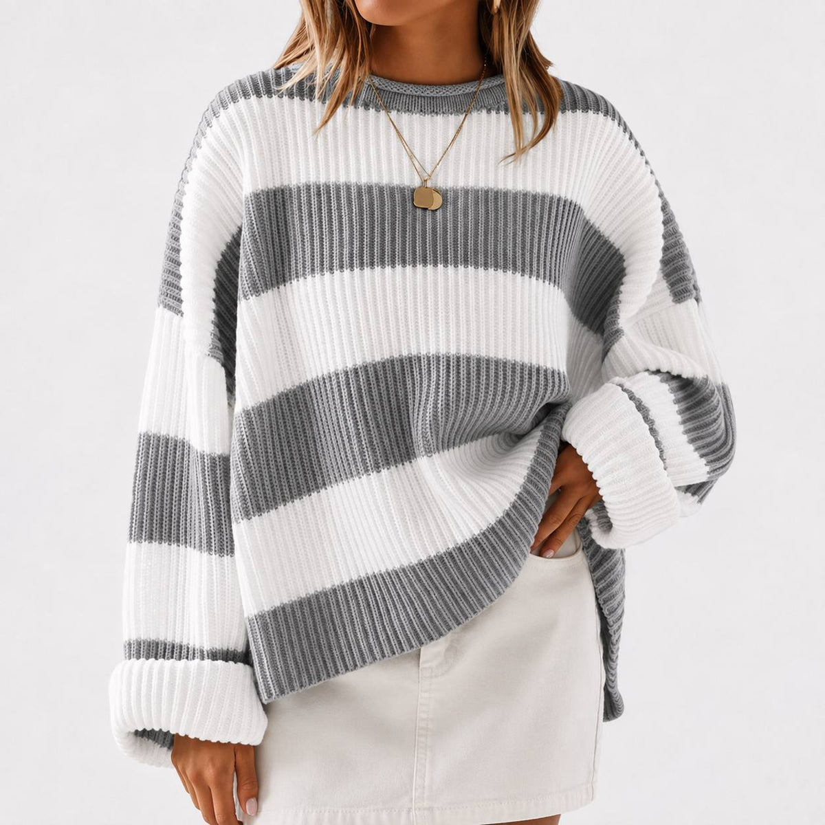Striped Knit Sweater –  Crew Neck Relaxed Fit Jumper with Colour Block Pattern