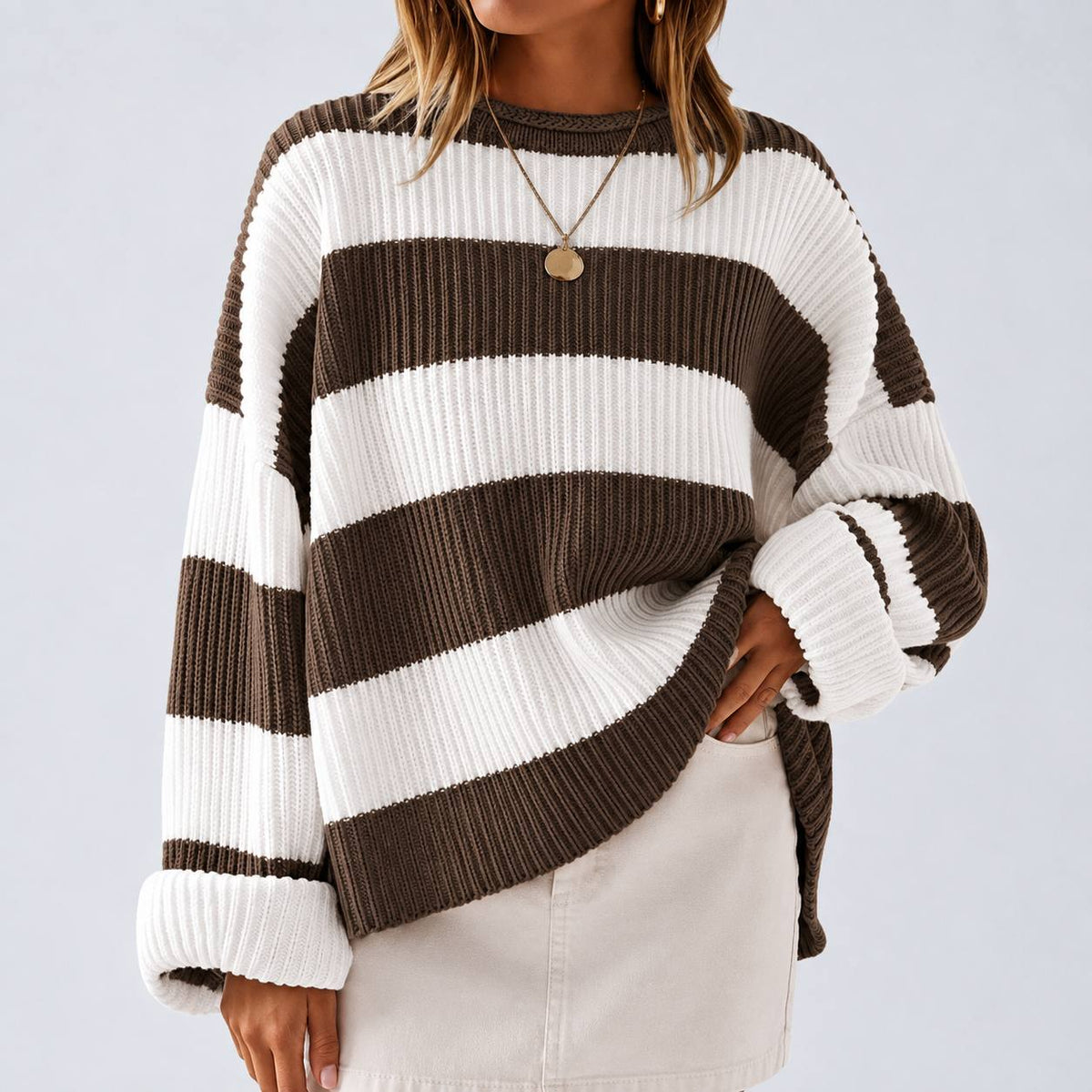 Striped Knit Sweater –  Crew Neck Relaxed Fit Jumper with Colour Block Pattern