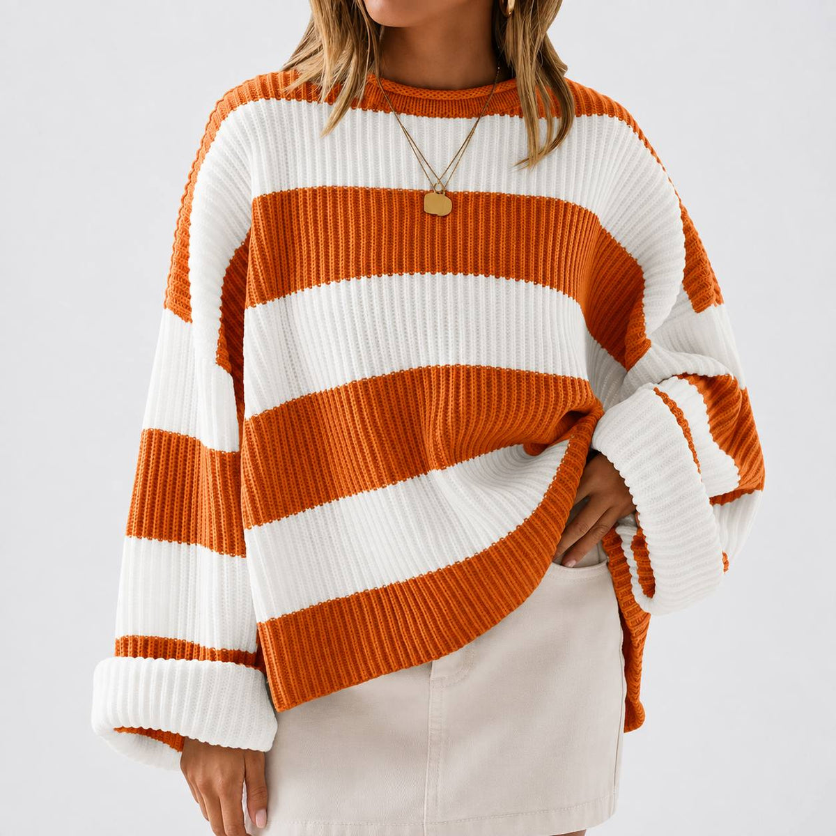 Striped Knit Sweater –  Crew Neck Relaxed Fit Jumper with Colour Block Pattern