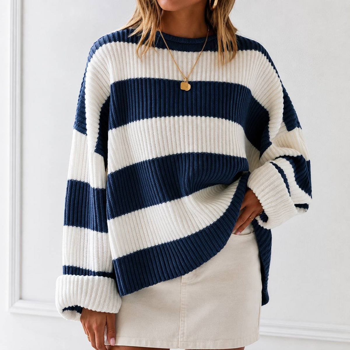 Striped Knit Sweater –  Crew Neck Relaxed Fit Jumper with Colour Block Pattern