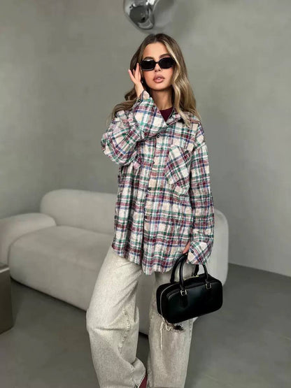 Oversized Plaid Shirt Jacket – Long Sleeve Button-Up Checkered Shacket with Relaxed Fit