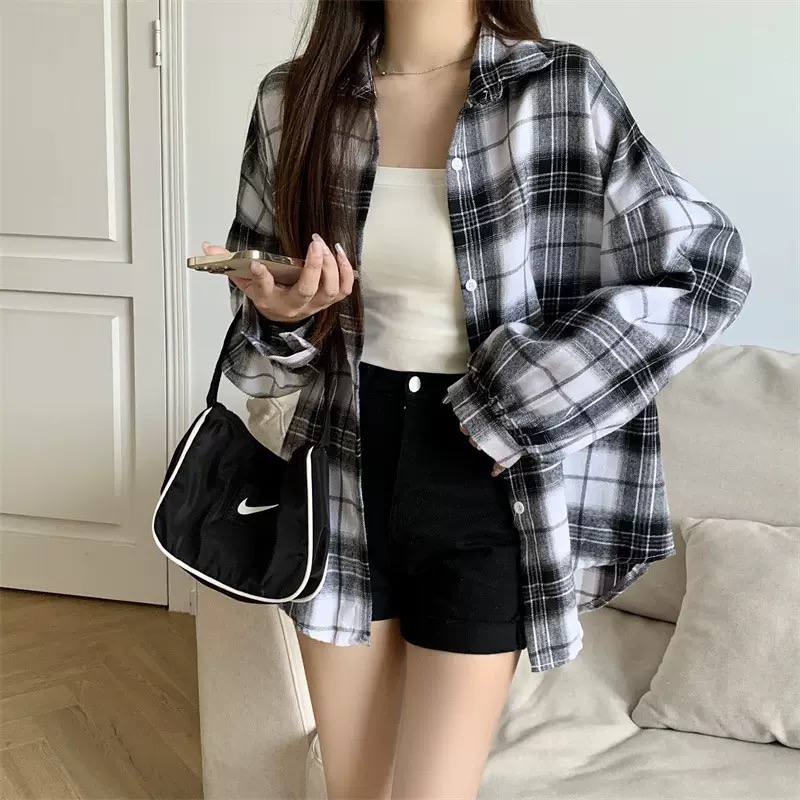 Oversized Plaid Shirt Jacket – Long Sleeve Button-Up Checkered Shacket with Relaxed Fit