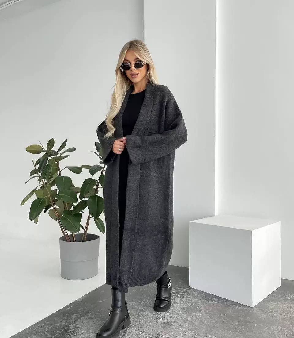 Longline Open Front Knitted Cardigan with Long Sleeves and Relaxed Fit