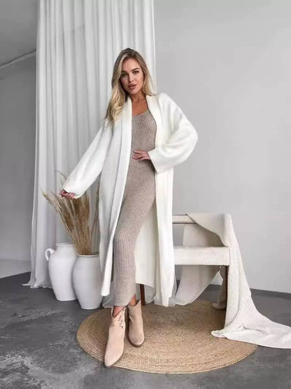 Longline Open Front Knitted Cardigan with Long Sleeves and Relaxed Fit