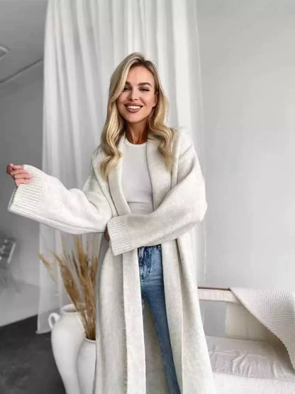 Longline Open Front Knitted Cardigan with Long Sleeves and Relaxed Fit