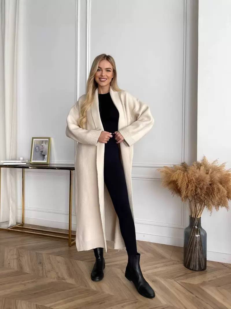 Longline Open Front Knitted Cardigan with Long Sleeves and Relaxed Fit