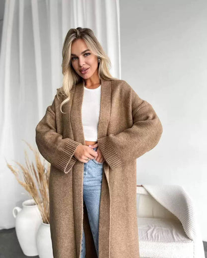 Longline Open Front Knitted Cardigan with Long Sleeves and Relaxed Fit