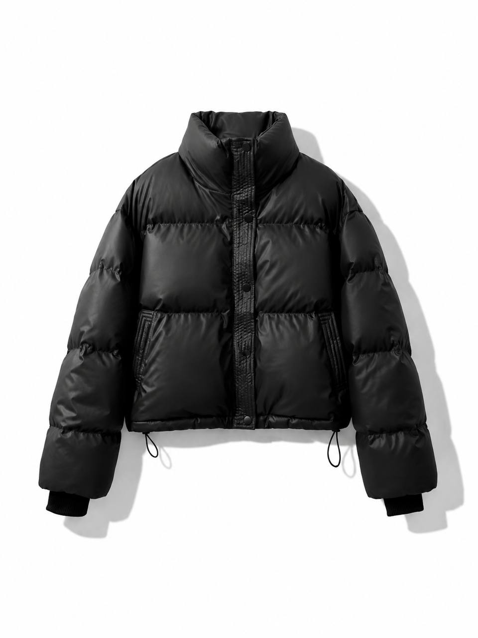 High Neck Puffer Jacket with Zip Front, Side Pockets and Adjustable Hem